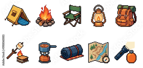 A charming collection of pixel art illustrations depicting essential camping equipment, including a tent, campfire, chair, lantern, backpack, cooking stove, sleeping bag, map, and flashlight.