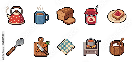 A collection of charming pixel art icons depicting breakfast items, cooking tools, and kitchen essentials in a vibrant, retro style, perfect for digital projects and games.
