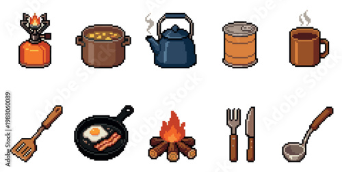 A collection of pixel art icons depicting camping food preparation and cooking items, including a stove, pot, kettle, can, mug, spatula, frying pan with bacon and egg, campfire, cutlery.