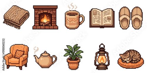 This pixel art collection features cozy home elements like a fireplace, blanket, armchair, and a sleeping cat, perfect for evoking warmth and comfort.