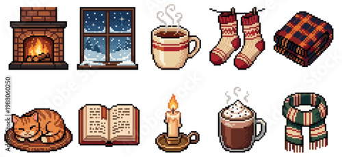 A charming pixel art collection featuring cozy winter elements like a fireplace, snowy window, hot drinks, socks, and a sleeping cat.
