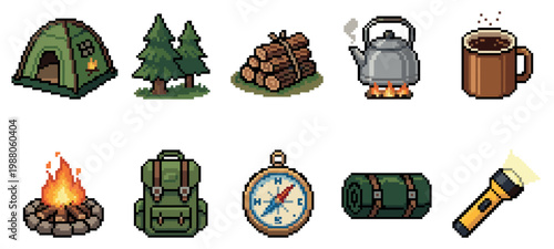 A pixel art collection of camping gear and outdoor elements including a tent, trees, firewood, kettle, coffee, campfire, backpack, compass, sleeping bag, and flashlight.