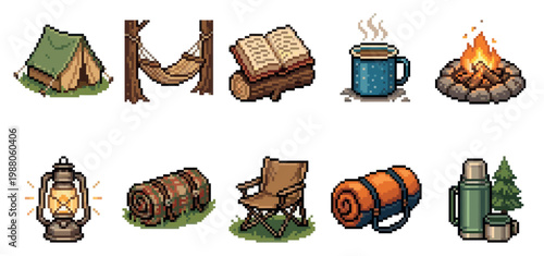A collection of pixel art icons depicting various camping equipment, including a tent, hammock, lantern, sleeping bag, and campfire, suitable for games and illustrations.