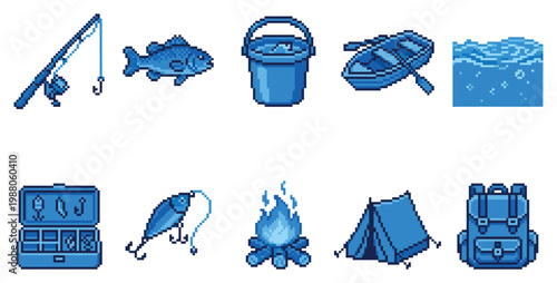 A collection of blue pixel art icons representing fishing and camping essentials, including a rod, fish, bucket, boat, water, tackle box, lure, campfire, tent, and backpack.