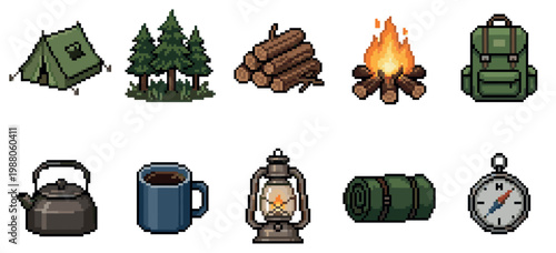 A collection of pixel art icons featuring camping essentials like a tent, trees, firewood, campfire, backpack, kettle, mug, lantern, sleeping bag, and compass on a white background.