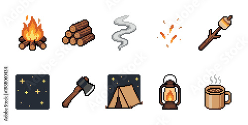 A collection of pixel art icons depicting camping elements like a campfire, logs, smoke, sparks, marshmallow, stars, axe, tent, lantern, and hot drink, ideal for game design or website graphics.