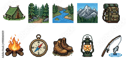 A collection of pixel art icons depicting camping gear and outdoor activities like hiking, fishing, and campfire, presented in a retro digital art style.