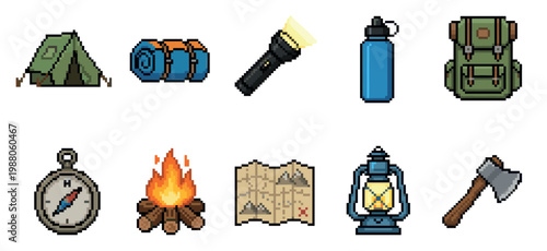 A vibrant pixel art collection featuring essential camping equipment like a tent, backpack, lantern, and compass, perfect for game design or outdoor themes.