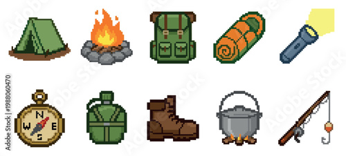 A collection of pixel art icons representing camping and outdoor adventure gear, including a tent, campfire, backpack, sleeping bag, flashlight, compass, canteen, boot, pot, and fishing rod.