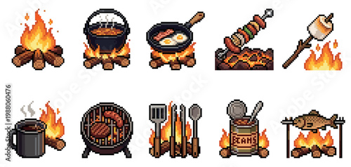 A collection of pixel art illustrations depicting various food items being cooked over a campfire, including a skillet with eggs and bacon, a pot of beans, marshmallows, and grilled items.