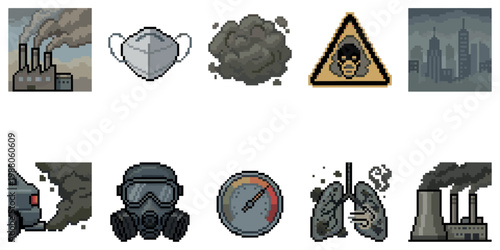 This pixel art collection depicts various symbols of pollution and environmental hazards, including factories, smog, warning signs, and protective gear, in a retro digital style.