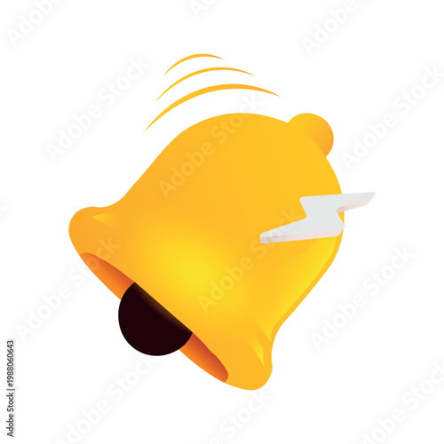 3D yellow ringing bell icon with lightning bolt flash, urgent notification and priority alert concept, isolated reminder bell on white background
