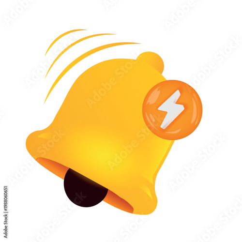 3D yellow ringing notification bell with lightning energy icon, fast update and urgent priority alert concept, isolated reminder on white background
