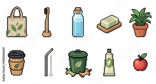 A collection of pixel art icons representing eco friendly and sustainable objects, ideal for digital projects promoting green living and zero waste.