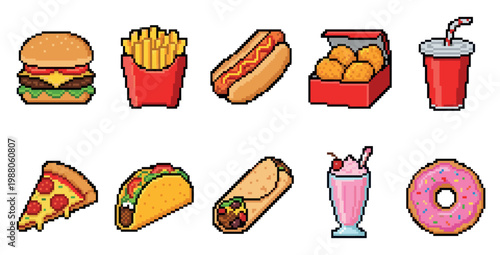 A collection of pixel art icons featuring popular fast food items like burgers, fries, hot dogs, pizza, and more, perfect for retro gaming or web design.