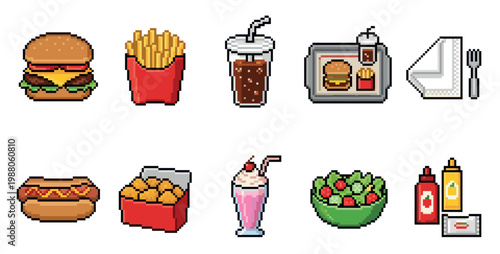 A collection of pixel art illustrations featuring various fast food items like burgers, fries, drinks, and salads against a clean white background.