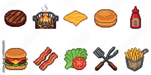 A collection of pixel art icons depicting various burger ingredients, barbecue grill, and fast food items on a white background.