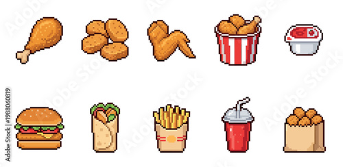 A collection of pixel art icons featuring various fast food items including fried chicken, burgers, fries, and drinks, presented on a clean white background.