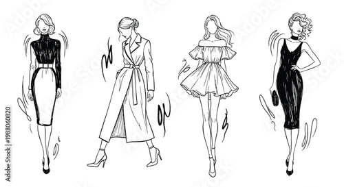 Fashion illustrations, women in dresses, black and white vector, stylish outfits, elegant females