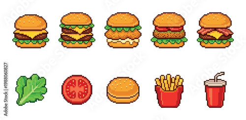 A vibrant pixel art collection featuring various burgers, fries, a soda, and fresh ingredients, perfect for retro gaming or food-themed designs.