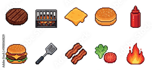 A collection of pixel art icons featuring burger ingredients, a grill, and fire, ideal for digital games, websites, or creative projects.
