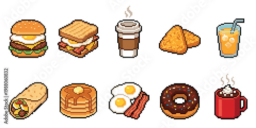 A collection of retro pixel art icons featuring popular breakfast foods and drinks, perfect for game design or digital art projects.