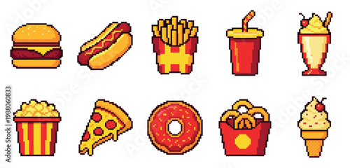 A collection of pixel art illustrations depicting various fast food items like burgers, fries, pizza, and ice cream, presented on a white background.