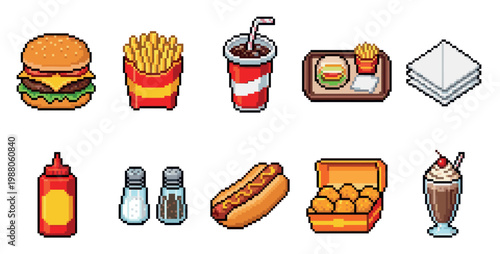 A vibrant collection of pixel art fast food icons featuring a burger, fries, soda, hot dog, nuggets, and milkshake.