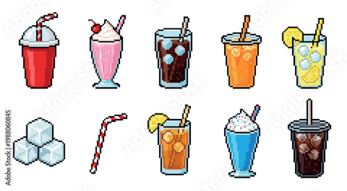 A vibrant pixel art collection featuring various refreshing drinks and ice cubes in a playful retro video game style, perfect for digital design and nostalgic themes.