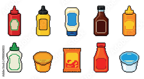 A collection of pixel art illustrations featuring various condiment bottles and packets, including ketchup, mustard, mayonnaise, and barbecue sauce, on a white background.