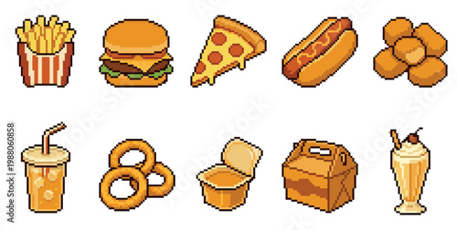 A vibrant collection of pixel art fast food items arranged on a white background, featuring fries, burger, pizza, hot dog, nuggets, drink, onion rings, sauce, box, and milkshake.