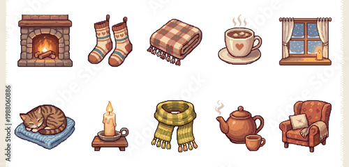A charming pixel art collection featuring cozy winter elements like a fireplace, hot chocolate, a sleeping cat, and warm blankets, perfect for holiday designs.