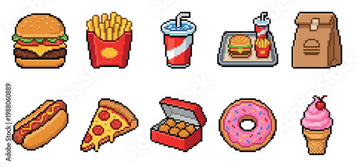 A vibrant collection of pixel art icons featuring popular fast food items like burgers, fries, pizza, and ice cream, perfect for retro gaming or digital design.