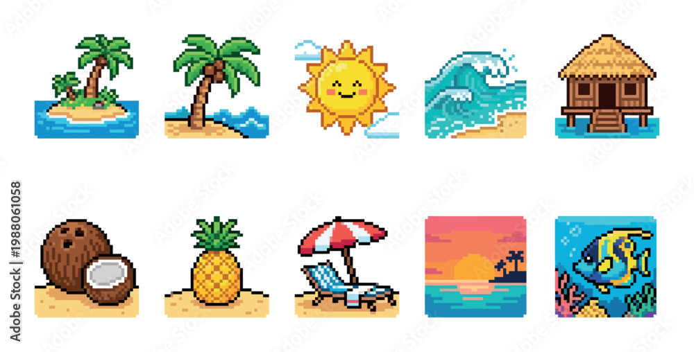 Fototapeta premium A collection of pixel art icons representing various tropical summer vacation elements including islands, palm trees, sun, waves, huts, fruit, and underwater scenes.
