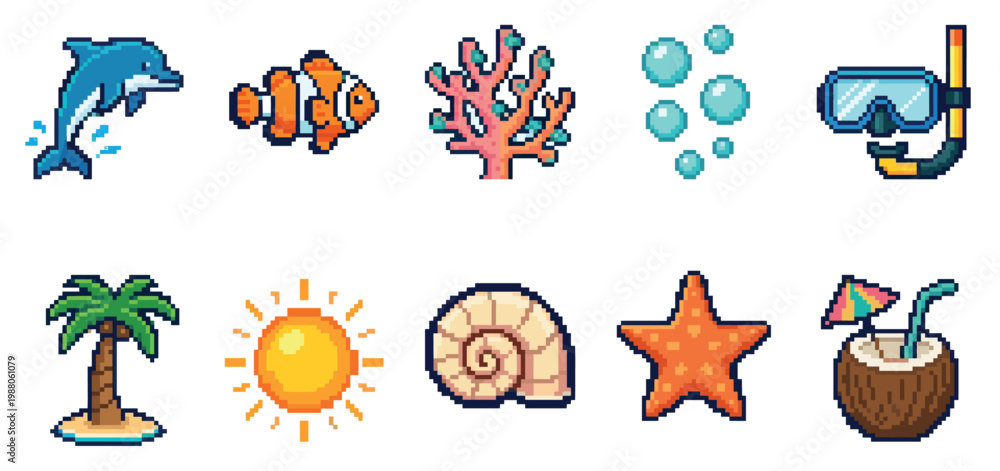 Fototapeta premium A vibrant collection of pixel art icons depicting summer ocean themes including a dolphin, clownfish, coral, bubbles, snorkel, palm tree, sun, shell, starfish, and coconut drink.