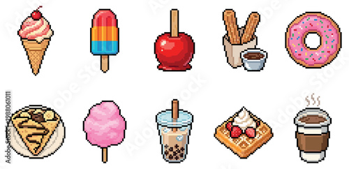 A collection of pixel art icons featuring a variety of sweet treats like ice cream, donuts, churros, and bubble tea on a white background.