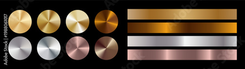 Gold radial and linear metal styles pack. Premium metallic gradient set. Golden, silver, rose gold, bronze. Glossy foil textures, smooth light reflections for luxury branding, covers, elegant design