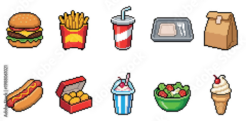 A colorful collection of pixel art icons representing various fast food items, including a burger, fries, soda, and more, on a clean white background.