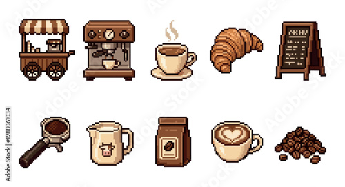 A pixel art collection of coffee shop icons including a cart, espresso machine, hot coffee, croissant, menu, portafilter, milk pitcher, coffee bag, latte art, and beans.