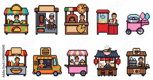 A colorful collection of pixel art food stalls, including tacos, shawarma, pizza, popcorn, cotton candy, hot dogs, burgers, ice cream, noodles, and coffee.