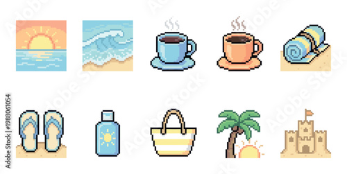 A collection of pixel art icons depicting elements of a summer beach vacation including a sunset, wave, coffee cups, towel, flip flops, sunscreen, bag, palm tree, and sandcastle.