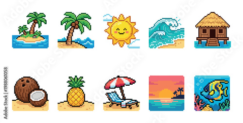 A collection of pixel art icons representing various tropical summer vacation elements including islands, palm trees, sun, waves, huts, fruit, and underwater scenes.