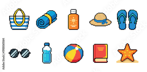 A collection of colorful pixel art icons depicting essential items for a beach vacation, including a bag, towel, sunscreen, hat, flip flops, sunglasses, water bottle, beach ball, book, and starfish.