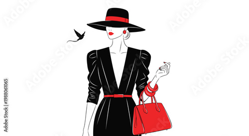 Fashion illustration, elegant woman, black and red outfit, stylish hat, vector graphic