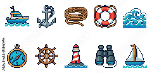 This is a collection of pixel art icons representing various nautical and maritime elements, rendered in a simple, retro style with a white background.