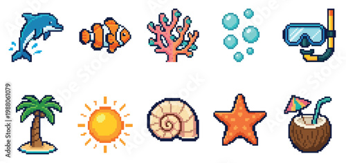 A vibrant collection of pixel art icons depicting summer ocean themes including a dolphin, clownfish, coral, bubbles, snorkel, palm tree, sun, shell, starfish, and coconut drink.