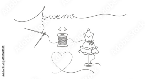 Fashion, sewing, heart, love, needle, thread, dress form, vector icons