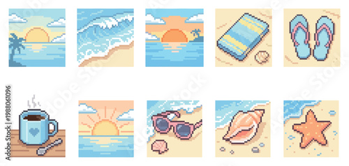 A collection of pixel art icons depicting various summer beach scenes and objects, evoking a retro, digital aesthetic and vacation vibes.