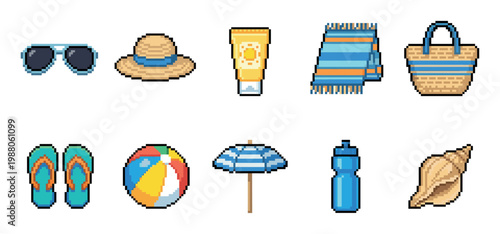 A collection of retro pixel art icons depicting essential beach items like sunglasses, hat, sunscreen, towel, bag, flip-flops, ball, umbrella, bottle, and shell.