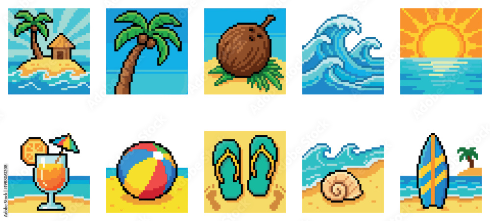 Naklejka premium A collection of pixel art icons depicting various elements of a tropical beach vacation, including a palm tree hut, coconut, waves, sunset, cocktail, beach ball, flip-flops, seashell, and surfboard.